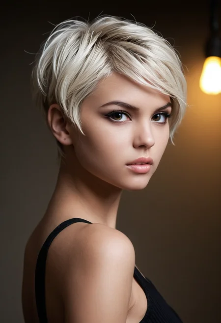 glamorous model, depth of field, high contrast, detailed face, long pixie cut hair over face, random environment, random lighting, random clothing, random pose