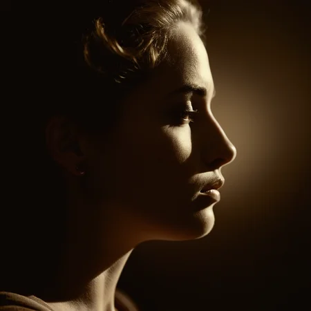 cinematic film still of  <lora:Rembrandt Lighting Style:1>
dramatic, cinematic, shadow, partially covered in shadow, a woman with a very large breast is looking down Rembrandt Lighting Style, solo, 1boy, closed mouth, monochrome, male focus, from side, lips, eyelashes, profile, portrait, close-up, realistic, sepia, brown theme, shallow depth of field, vignette, highly detailed, high budget, bokeh, cinemascope, moody, epic, gorgeous, film grain, grainy