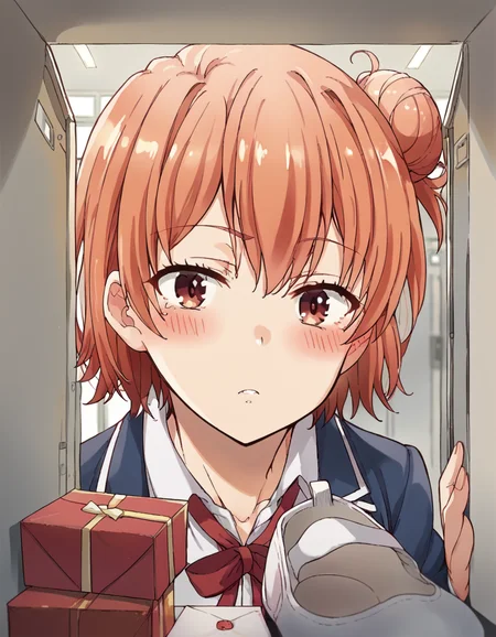 score_9, score_8_up, score_7_up, source_anime, <lora:yui-yuigahama-s2s3-ponyxl-lora-nochekaiser:1>, yui yuigahama, short hair, brown eyes, orange hair, hair bun, single hair bun, large breasts,, <lora:shoe-locker-pov-ponyxl-lora-nochekaiser:1> shoe locker pov, locker, letter, school, gift box, unworn shoes, blush,, ,