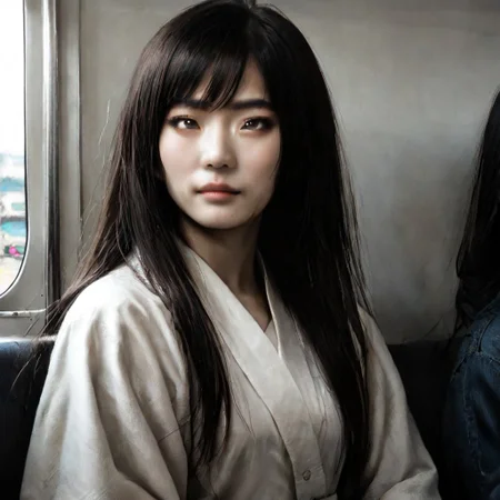 score_9, score_8_up, score_7_up, masterpiece, very high quality, japanese woman, asian face, 1 girl, high cheekbones, flat nose, very wide face, grey eyes, gray eyes, sitting, white shirt, jeans, epiCPhoto, legsonthetra1n, from front, sitting across from viewer, train interior