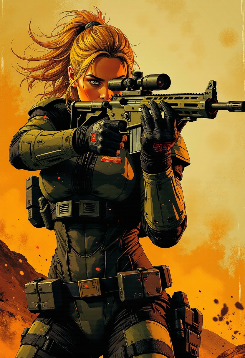 In the style of ff-td, nistyle, Silhouette Art, magnificent, Inkplash art on rice paper, sepia, henna , masterpiece, best quality,high quality, newest, highres,8K,HDR,absurdres, female space marine, loose blonde hair with dark highlights, aiming sniper rifle, aiming at target, red laser sight, power armour, high-tech scope, arid battlefield, focused, determined expression, dynamic pose, cinematic shot, dutch angle