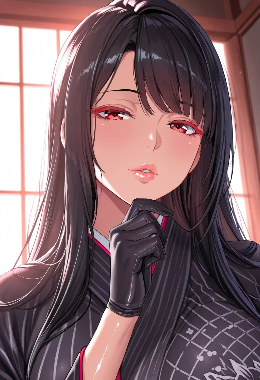 1girl, Takemura Youhei
\(Mato Seihei no Slave\),, adult woman, milf, masterpiece, black japanese kimono, hand up, black gloves, high collar, dark black hair, long hair, very long hair, luscious lips, lip gloss, portrait, colored eyelashes, backlighting, red eyes, goddess, glossy skin, ,hires,best quality, very aesthetic,absurdres,score_9, score_8_up, score_7_up, score_6_up, score_5_up, score_4_up, (hyper extreme detailed), (hyper quality), game CG, (colour:1.2),(from side:0.7)