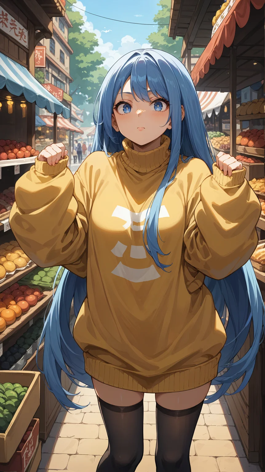 score_9,score_8_up,score_7_up,score_6_up, <lora:xl_more_art-full_v1:0.5>, source_anime, girl, dynamic pose, arm at her side, <lora:Nejire Hado - Pony-000004:0.8>, long hair, blue hair, blue eyes, oversized clothes, sweater, yellow sweater, miniskirt, black thighhighs, market stall, market, looking around, upset, puffy cheeks, leaning forward,