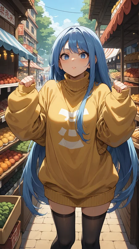 score_9,score_8_up,score_7_up,score_6_up, <lora:xl_more_art-full_v1:0.5>, source_anime, girl, dynamic pose, arm at her side, <lora:Nejire Hado - Pony-000004:0.8>, long hair, blue hair, blue eyes, oversized clothes, sweater, yellow sweater, miniskirt, black thighhighs, market stall, market, looking around, upset, puffy cheeks, leaning forward,