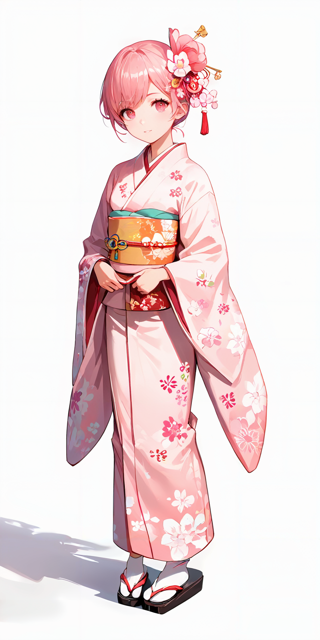 score_9, score_8_up, score_7_up,source_anime, high res image,masterpiece,best quality,girl,cute face,clear skin,shiny hair,ultra detailed eyes,simple background,
  <lora:furisode_Pony_V1.0:1> jyojifuku, furisode, kimono, hair ornament, floral print, wide sleeves,tabi,cheey blossom,