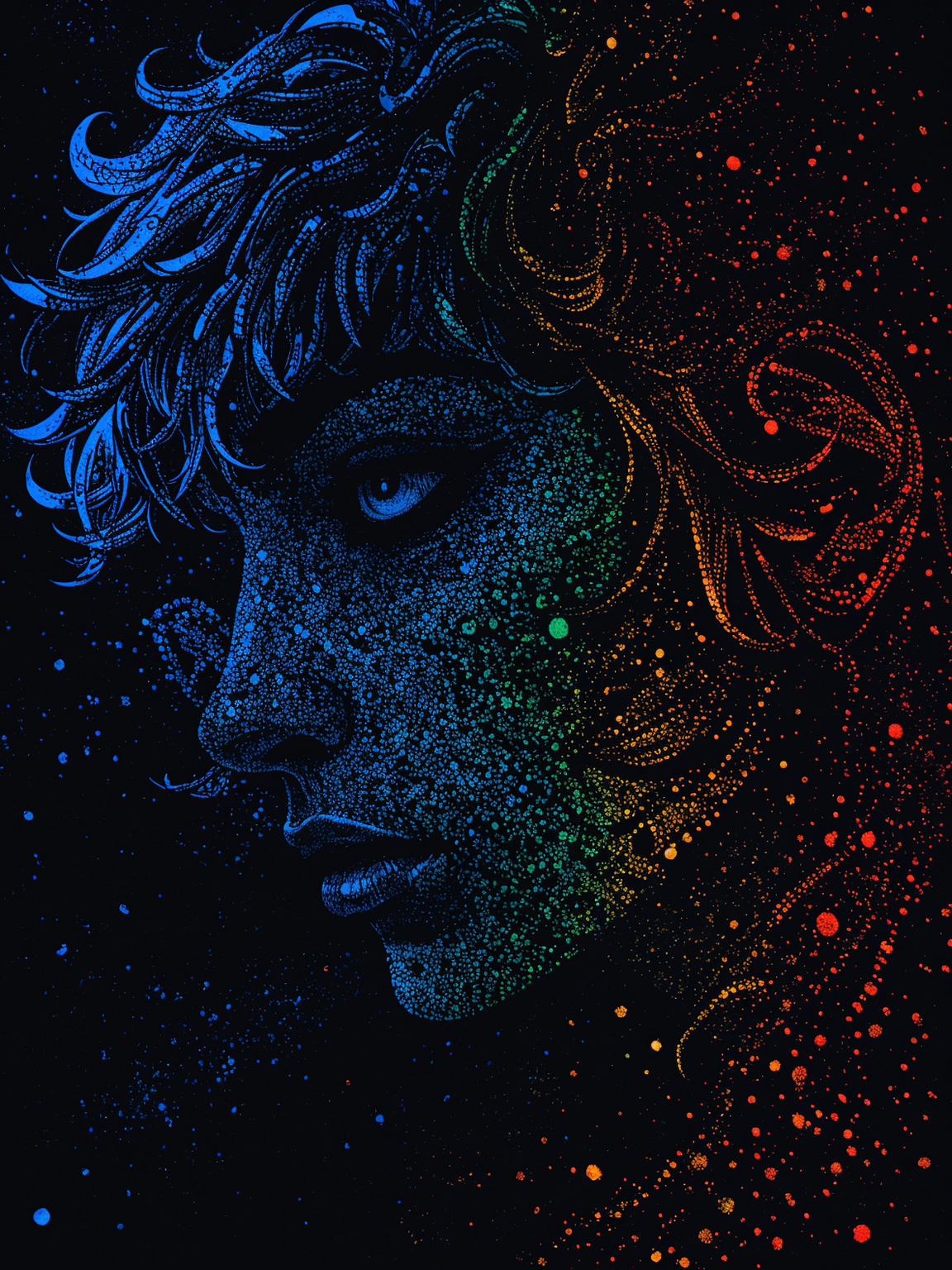 sfw. pointillism art. vivid colors. ((silhouette)) with wild hair. dramatic blue green orange split-tone lighting
