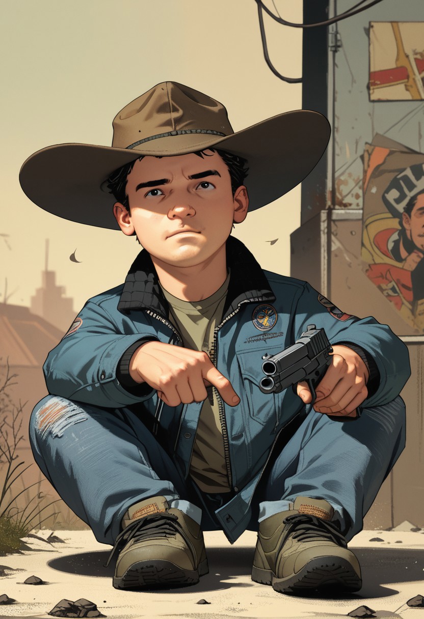 score_9, score_8_up, score_7_up, masterpiece-level, highly detailed, carlgrimescomic, 1boy, solo, male focus, front view, hat, cap, gun, denim, jacket, black eye, black hair, shoes