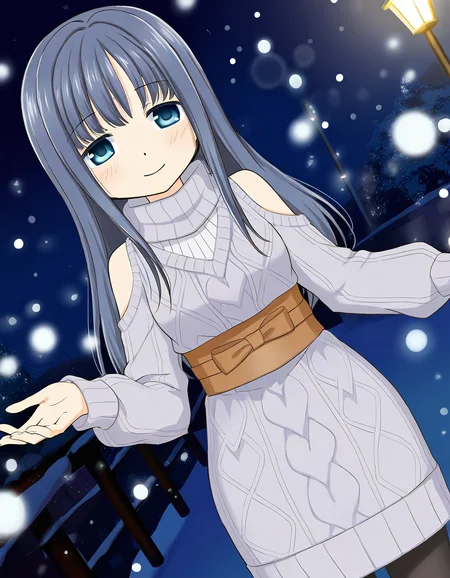 masterpiece, best quality, newest, absurdres, highres, safe, 1girl, nanami yachiyo \(winter costume\), magia record: mahou shoujo madoka magica gaiden, smile, solo, snowing, outdoors, dutch angle, <lora:nanami_yachiyo_noobaiXLNAIXL_vPred10Version:0.7>
