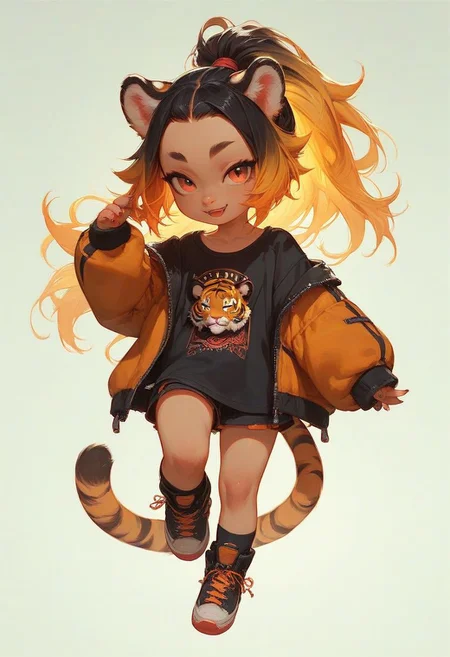 score_9,score_8_up,score_7_up,very aesthetic  ,1tiger girl,forehead ,tiger hair ,tomboy clothing 
 ,short stack girl, cute, pretty, petite, hime cut ,gradient hair ,ponytail hair, yellow hair ,
 ,simple background, full body , tail,