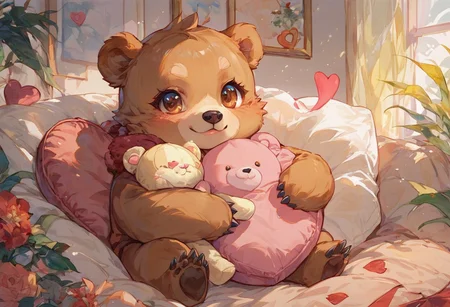 score_9, score_8_up, score_7_up, solo, (Brown) little bear, (Brown) eyes, sitting on hind legs, bear cub hugging a stuffed heart, facing viewer, day, (Red) stuffed heart, stuffed animals, Valentine's Day theme,