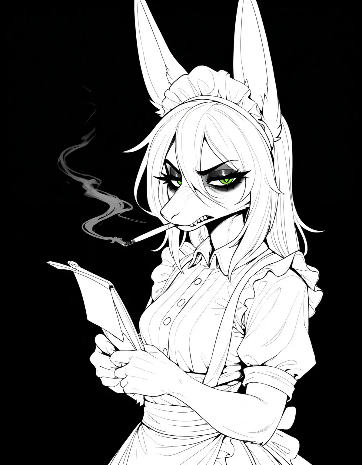 black eyes, bags under eyes, big eyes, (black eyeshadow:0.8), thick eyelashes, from side, monochrome, greyscale, simple background, black background, looking at viewer, looking down, (disgust, disappointed, disdain:1.2), solo, 1girl, perspective, :|, mouth hold cigarette, smoking, smoke, (sharp teeth:1), half-closed eyes, + +, black eyeliner, masterpiece, best quality, amazing quality, dark messy sketch, messy lineart, unfinished, (horror \(theme\),:1), FreyaC, female, white fur, white hair, green eyes, tail, ears, waitress outfit, 1950s, diner, holding notepad, pen,
<lora:Freya v11bNoob9s96:0.8> <lora:noobai_ep11_stabilizer_v0.138_fp16:0.8>