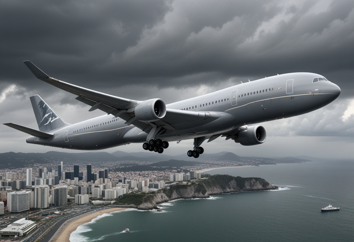 (medium full shot) of (robust jumbo gray airplane) with titanium fuselage, electric engines, wide wingspan, metallic accents, set in  cruising above a coastal city, the airplane offering a mix of urban and ocean views, amid stormy weather, Masterpiece,best quality, photo, realistic, very aesthetic,