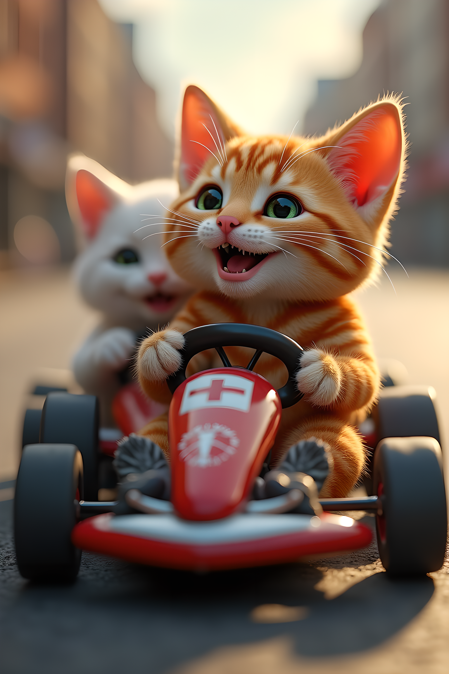 (An anthropomorphic Cats happily racing a Karting), (f1.4, Canon EOS, SIGMA Art Lens 35mm F1.8, ISO 200 Shutter Speed 2000), Unity, Unreal Engine, High Technology, Octane Rendering, Ultra High Quality, Ultra High Resolution, Ultra High Quality, Ultra Realistic, Color Correct, Good Lighting Settings, Good Composition, Very Low Noise, Sharp Contours, Harmonious Great composition, 