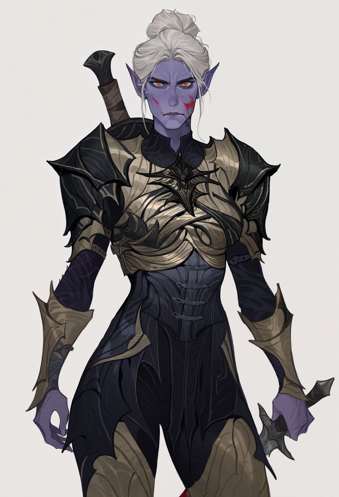 1girl, solo, white background, looking at viewer, lips, holding knife, blood on face, closed mouth, weapon on back, 
colored skin, purple skin, pointy ears, red eyes, hair bun, short hair, white hair, neck tattoo, medium breasts, yellow breastplate, shoulder armor, armor, undershirt, yellow greaves
masterpiece, best quality, <lora:AmiThompson-adafactor-guy90:1>, nosima, <lora:Minthara-NoobAi-1.1_V1-Manityro-CAME:1>