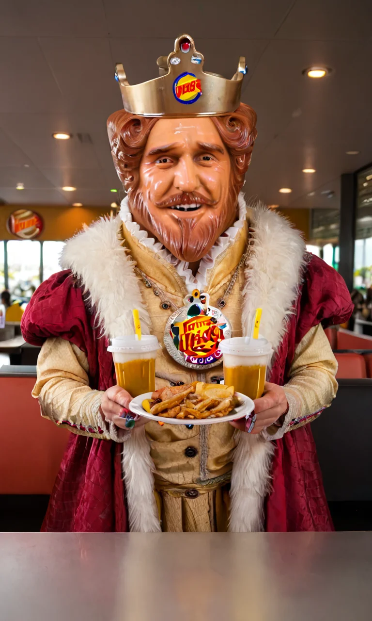 burg3rking, solo, crown, <lora:Burger King Mascot - Pony_epoch_12:1>, in a fast food restaurant