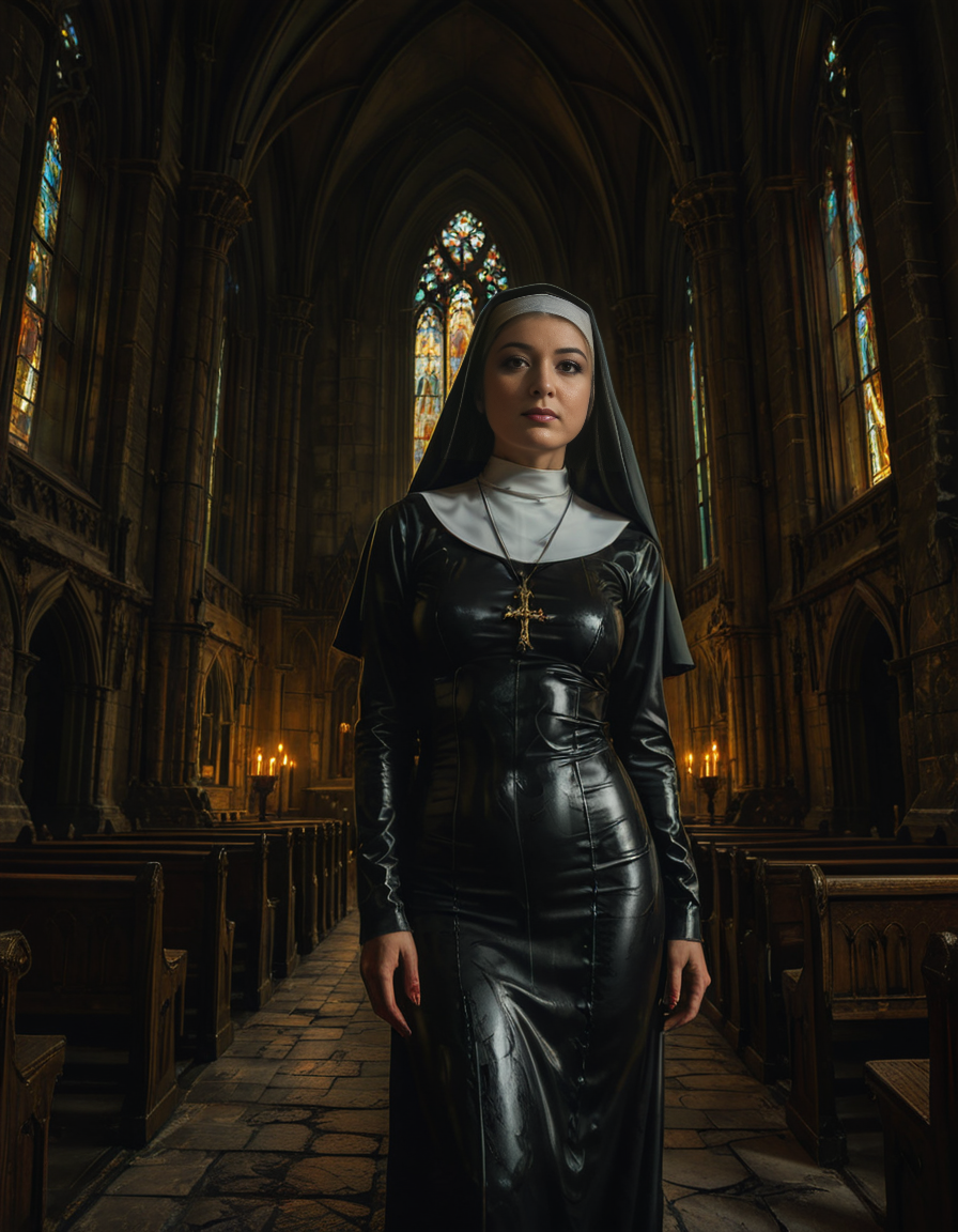 focus on a nun,A gothic scene featuring a mysterious woman dressed as a nun in a flowing black latex habit with intricate lace detailing and choker, standing solemnly inside of a G0th1c church. The atmosphere is charged with tension as an otherworldly presence seems to loom over the scene, casting eerie red and black shadows on the ancient stone. Other nuns in the background appear uneasy, their movements slow and dreamlike, as if they are being influenced by an unseen dark force. The cathedral's gothic architecture towers above with sharp spires, grotesque gargoyles, and a glowing stained-glass window radiating an unnatural crimson light.<lora:SDXLFaeTastic2400:0.4> <lora:extremely_detailed:0.4> extremely detailed, <lora:G0th1c_church:1>, Masterpiece,best quality,hi res,8k,hi res,8k,award winning,(sharp focus, intricate, highly detailed),