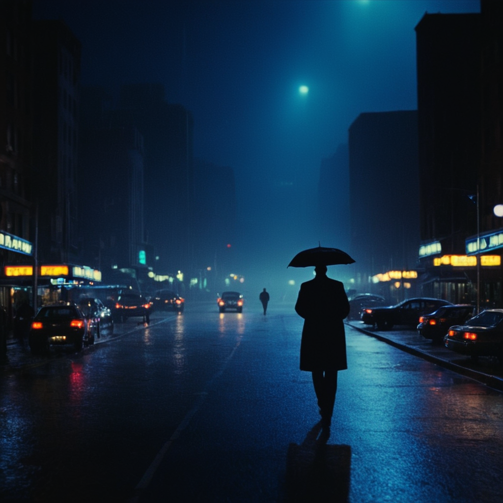 cinematic film still of  <lora:Cool Lighting Style:1> Dark Blue Night Cool Lighting Style
 <lora:Cinematic Film Stock Footage Style:0.55>
a city street with cars and people walking on it Cinematic Film Stock Footage Style, outdoors, sky, no humans, night, umbrella, ground vehicle, building, scenery, motor vehicle, rain, city, sign, car, road, cityscape, lamppost, street, neon lights
, shallow depth of field, vignette, highly detailed, high budget, bokeh, cinemascope, moody, epic, gorgeous, film grain, grainy