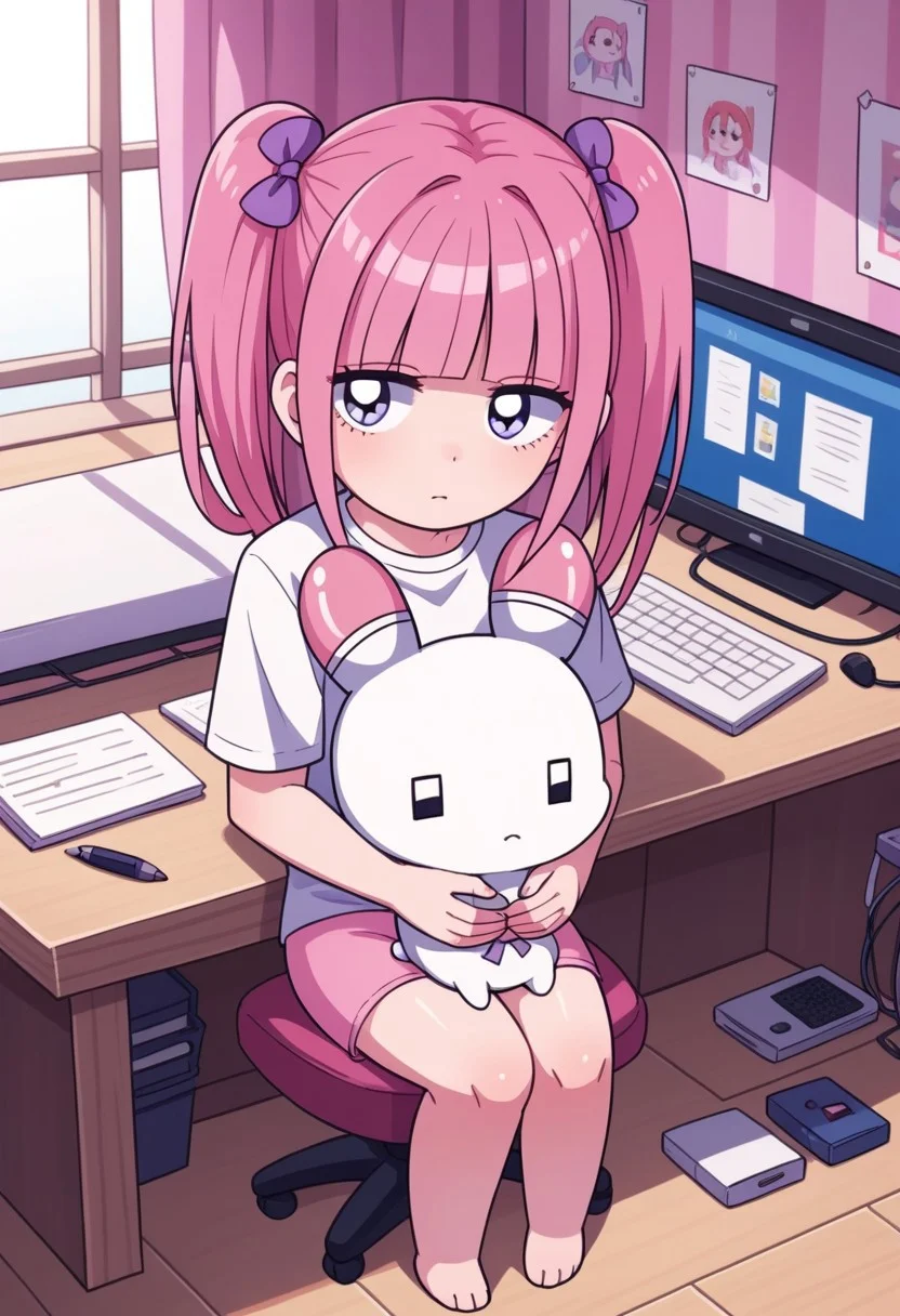 score_9, score_8_up, score_7_up,
masterpiece, best quality, detailed, amazing quality,
detailed background, computer, bedroom, stuffed animals, pens, clutter, messy room,
detailed eyes, clean eyes,
dynamic pose, sitting at desk, from above, looking at viewer,
easynegative,
solo, 1girl, menhera-chan, usatan, usatan on lap, from above,