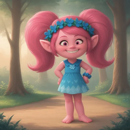 score_9, score_8, BREAK, Poppy_(\Trolls\), pink skin, pink hair, pink nose, ponytail, pink eyes, pointy ears, bracelet, hair flower, head wreath, cyan dress, barefoot, sexy pose, smile, outdoors, sunlight, shadows, evening lighting, natural lighting, forest, trees, grass, orange sky, sunset