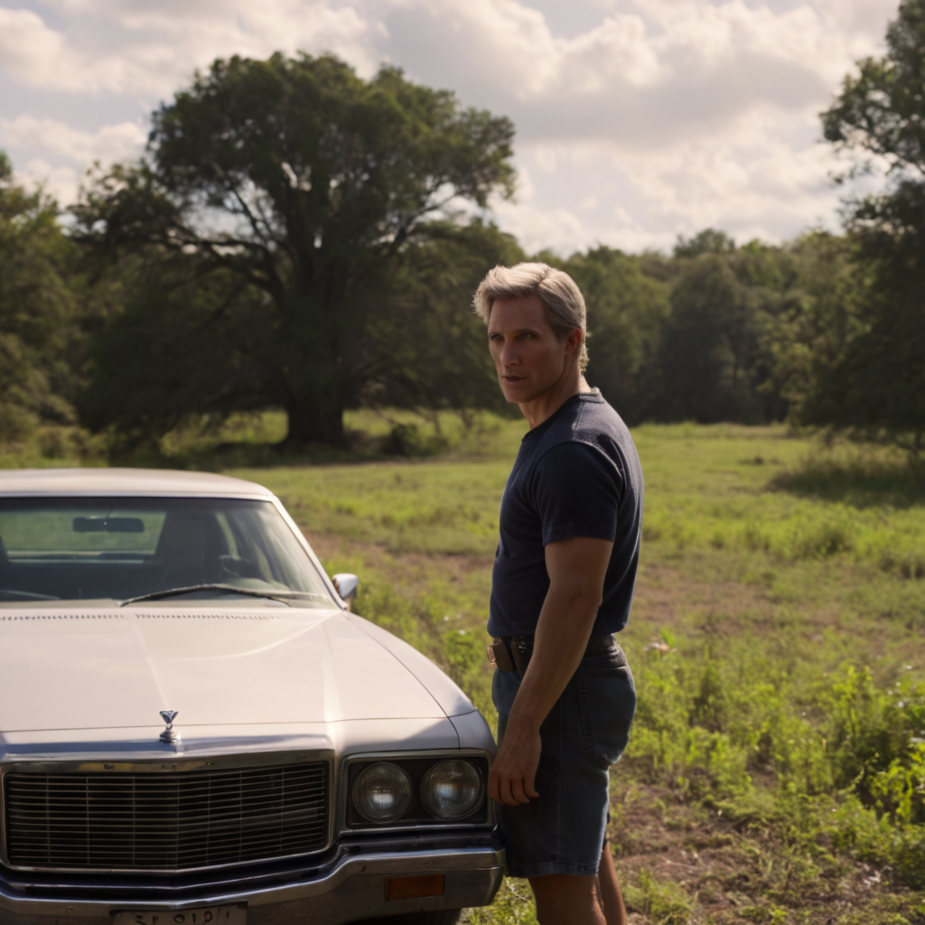 cinematic film still of cinematic film still of  <lora:add-detail-xl:1>0
<lora:detailed:0.3>
<lora:perfection style:0.3>
<lora:xl_more_art-full_v1:0.3>
 <lora:true detective style:1>
a man standing in front of a car in a field,solo,shirt,1boy,white hair,male focus,outdoors,shorts,day,tree,facial hair,ground vehicle,motor vehicle,realistic,car,sports car , sharp, detailed, epic photography, artistic, dramatic light, cinematic style, film style, 
true detective style, shallow depth of field, vignette, highly detailed, high budget, bokeh, cinemascope, moody, epic, gorgeous, film grain, grainy
