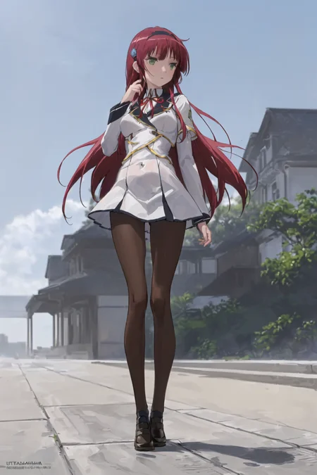 ((masterpiece, best quality, masterpiece)), ((ultra-detailed)), ((high resolution illustration)), ((an extremely delicate and beautiful)) ((1girl)), ((urushibara_shizuno, 1girl, green eyes, blunt bangs, red hair, long hair, hair ornament, medium breasts, skinny, narrow waist, wind, floating hair)), ray_tracing, (((beautiful detailed meadow, cloudy sky, outdoors))), ((photorealistic)), ((school uniform, red ribbon, white skirt, pantyhose, long sleeves, uniform, hair ornament, black hairband)), (serious), ((from below)), (dynamic pose:1.2) <lora:shizunourushibarav0.5:0.7>
