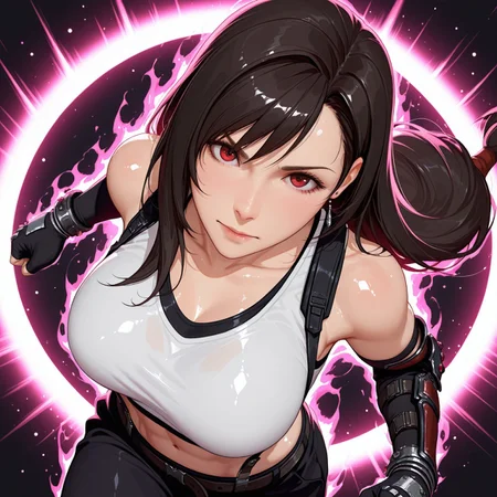 safe_pos, masterpiece, amazing quality, best quality, good quality, very aesthetic, absurdres, newest, 8K, depth of field, focused subject, in the style of cknc, artist:moriimee, in the style of cksc, BREAK side portrait of Tifa Lockhart (Final Fantasy VII), classic outfit, crop top, large breasts, panty peek, dynamic pose, action pose, dark background, silhouetted, directional lighting, viewed, from above, artist:moriimee, in the style of ck-rw, easynegative, ng_deepnegative_v1_75t, fcNeg, glowing aura, jk, jk style, skindentation, perfecteyes, perfect skin, athletic, toned, shiny skin, shiny hair, lips, volumetric lighting, bokeh, backlighting, very aesthetic