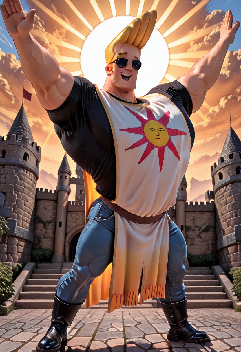 Masterpiece, absurdres, best quality, newest, solo, highly detailed, JohnnyBravo-ARAI-IL, 1boy, male focus, black t-shirt, blue jeans, sunglasses, (muscular:1.3), blonde hair, praise_the_sun pose, tabard, boots, sunbeams, detailed castle background