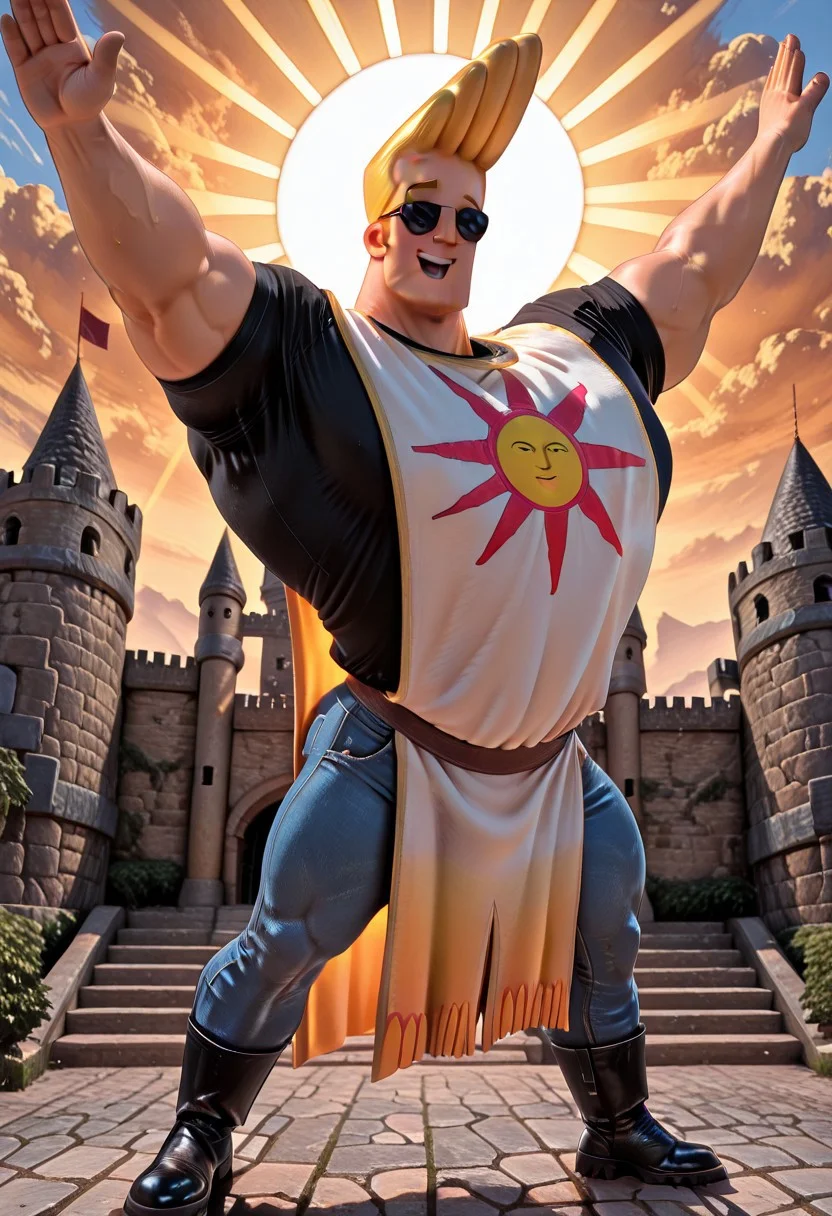Masterpiece, absurdres, best quality, newest, solo, highly detailed, JohnnyBravo-ARAI-IL, 1boy, male focus, black t-shirt, blue jeans, sunglasses, (muscular:1.3), blonde hair, praise_the_sun pose, tabard, boots, sunbeams, detailed castle background