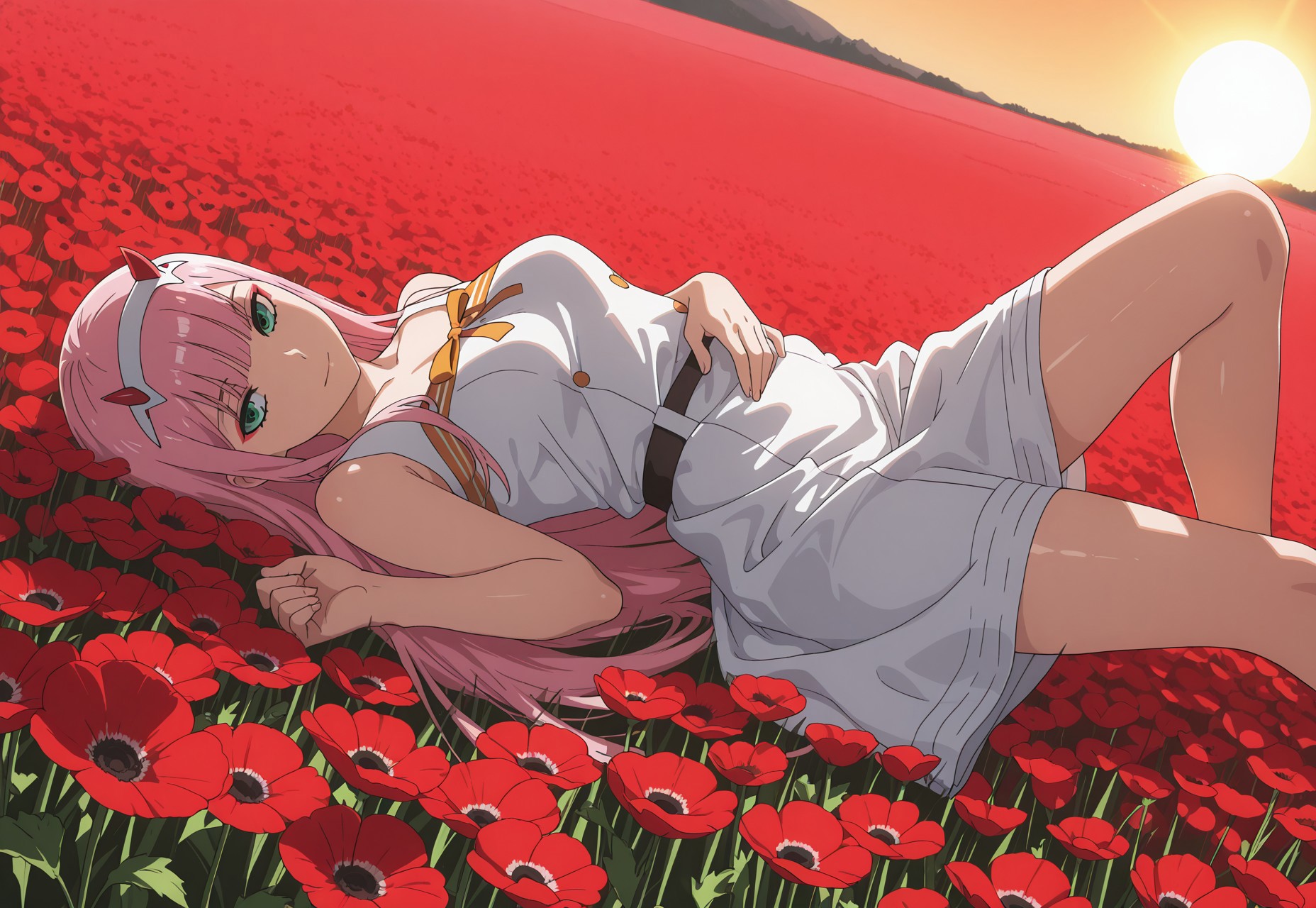 masterpiece, soft lighting, dynamic angle, high quality, UHD, fine-tuned, subtle details, beautiful, aesthetic, raytracing, highest quality, UHD, DSLR, soft lighting, high quality, highly detailed, glistening, illustration, shiny,

endless poppy field, the red flowers glowing faintly under the soft light, field stretches far distance, ultra-high detail, cinematic lighting, post-apocalyptic mood, highly realistic textures, amazing background, sun, beautiful background, poppy field, red poppy flowers, lots of red flowers,


StalkerWorld, 

Zero Two, green eyes, pink hair, horns, straight hair, medium breasts, shiny hair, makeup, eyeshadow, very long hair, blunt bangs, white hairband,

1 girl, solo, sitting on a sheet in a field, having a picnic, food on sheet, dutch angle, side view, posing, naughty girl, (detailed dress, detailed clothes, fold on clothes:1.3), dynamic pose, lying on field, afar view