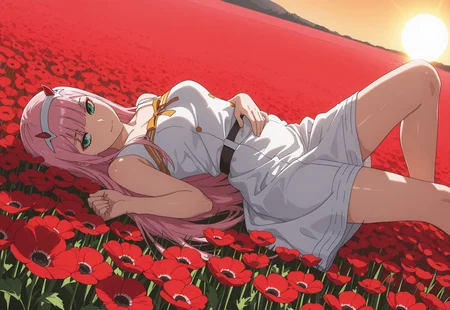 masterpiece, soft lighting, dynamic angle, high quality, UHD, fine-tuned, subtle details, beautiful, aesthetic, raytracing, highest quality, UHD, DSLR, soft lighting, high quality, highly detailed, glistening, illustration, shiny,
endless poppy field, the red flowers glowing faintly under the soft light, field stretches far distance, ultra-high detail, cinematic lighting, post-apocalyptic mood, highly realistic textures, amazing background, sun, beautiful background, poppy field, red poppy flowers, lots of red flowers,
StalkerWorld,
Zero Two, green eyes, pink hair, horns, straight hair, medium breasts, shiny hair, makeup, eyeshadow, very long hair, blunt bangs, white hairband,
1 girl, solo, sitting on a sheet in a field, having a picnic, food on sheet, dutch angle, side view, posing, naughty girl, (detailed dress, detailed clothes, fold on clothes:1.3), dynamic pose, lying on field, afar view