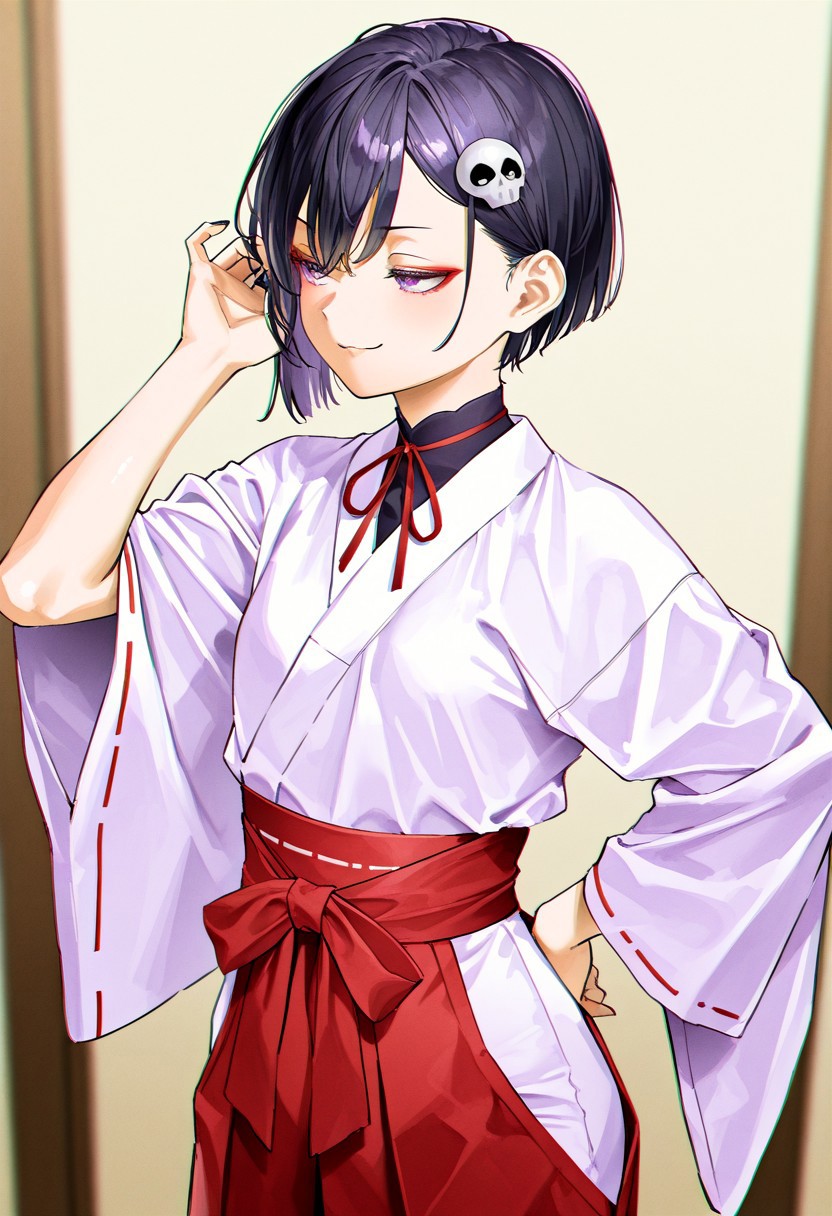 by kuroi suna, solo, 1girl, androgynous, eyeliner, small breasts, black nails, adjusting hair, black hair, short hair, skull hair ornament, purple eyes, neck ribbon, miko, japanese clothes, wide sleeves, red hakama, hips, ambient occlusion, chromatic aberration, depth of field,  smile, smug, thin half closed eyes, looking away