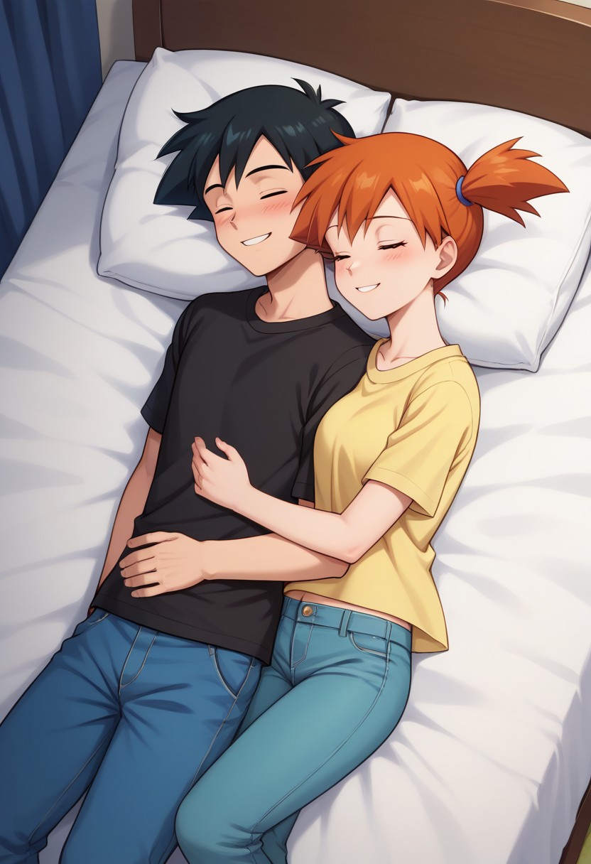 score_9, score_8_up, source_anime, highly detailed, 1 boy, skinny, ash ketchum,  male focus, black hair, jacket, shirt, black shirt, smile
1girl, misty pokemon, orange hair, yellow crop top, jeans, pretty, beautiful girl,  
photograph of a 1 couple, pajamas, bed, (((night))), bedroom, sleeping, lying on back, top view, cuddling, woman holding man in her arms, close up, masterpiece, best quality, highly detailed