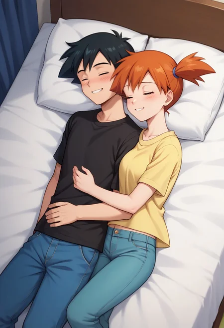 score_9, score_8_up, source_anime, highly detailed, 1 boy, skinny, ash ketchum,  male focus, black hair, jacket, shirt, black shirt, smile
1girl, misty pokemon, orange hair, yellow crop top, jeans, pretty, beautiful girl,  
photograph of a 1 couple, pajamas, bed, (((night))), bedroom, sleeping, lying on back, top view, cuddling, woman holding man in her arms, close up, masterpiece, best quality, highly detailed