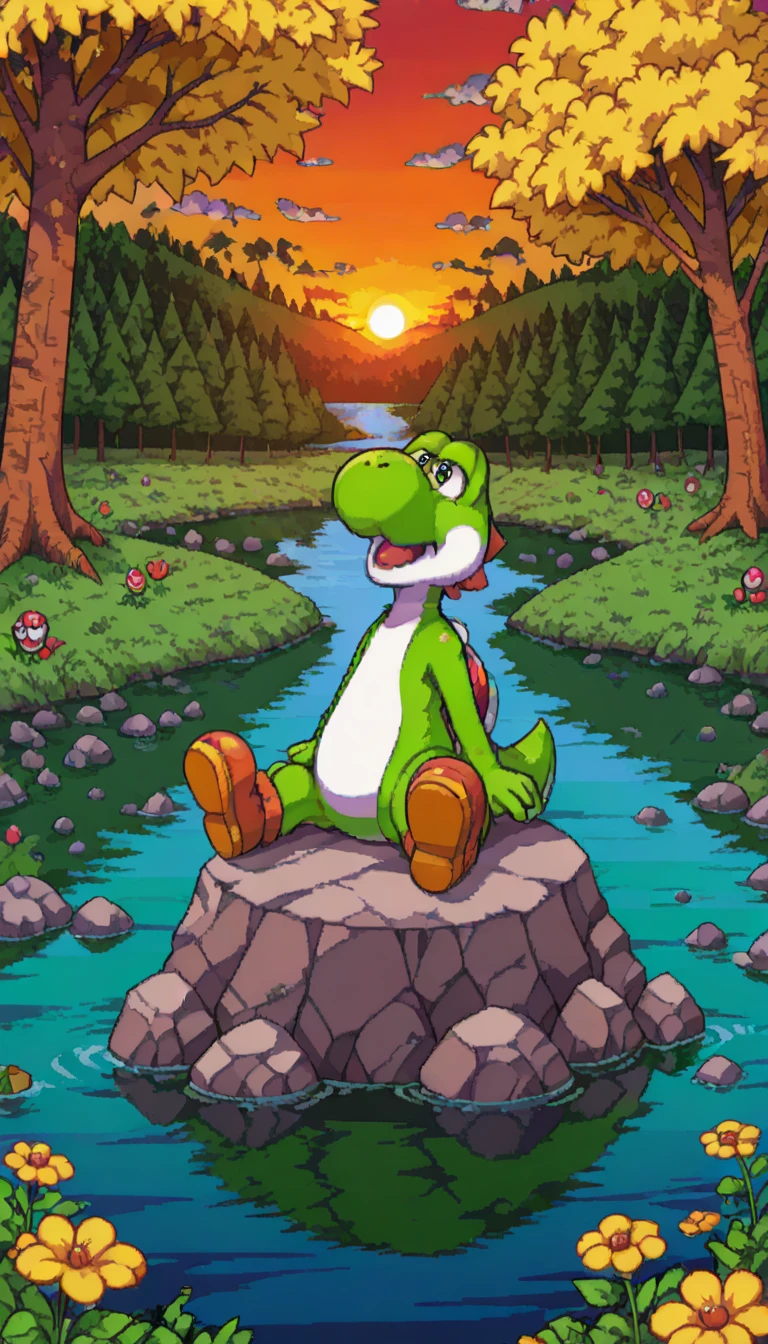  detailed fur:1, detailed face:1, detailed eyes:1, highres, incredible quality, good anatomy, score_9, score_8, incredible quality, high quality, highres, masterpiece, ((tetris attack style, pixel art, thick outlines)),, solo, no humans,, full body, male focus,1boy, yoshi, happy, open mouth, sitting, dynamic angle, yoshi from super mario, nature, trees, rocks, lake, flowers, sunset