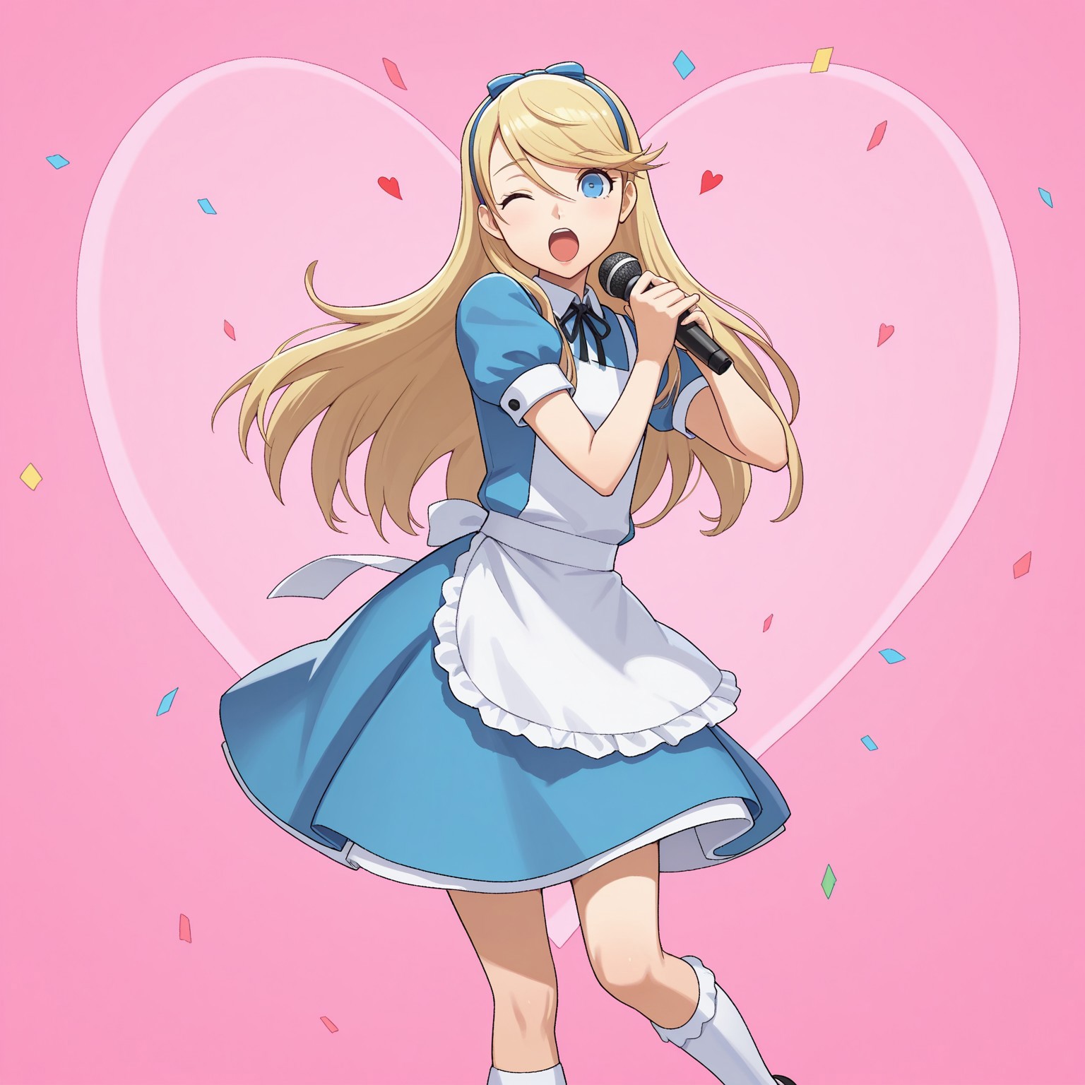 best quality, amazing quality, very aesthetic, absurdres, newest, masterpiece, P4Teddie, 2d, Human, 1boy, male, solo, blonde hair, blue eyes, crossdressing, long hair, Alice in wonderland cosplay, blue hairband, blue headbow, white apron, blue dress, white long socks, Mary Jane shoes, 

BREAK standing, dancing, singing, holding microphone, winking, hearts, upper body focus, pink background, looking at viewer, (heart background), confetti 