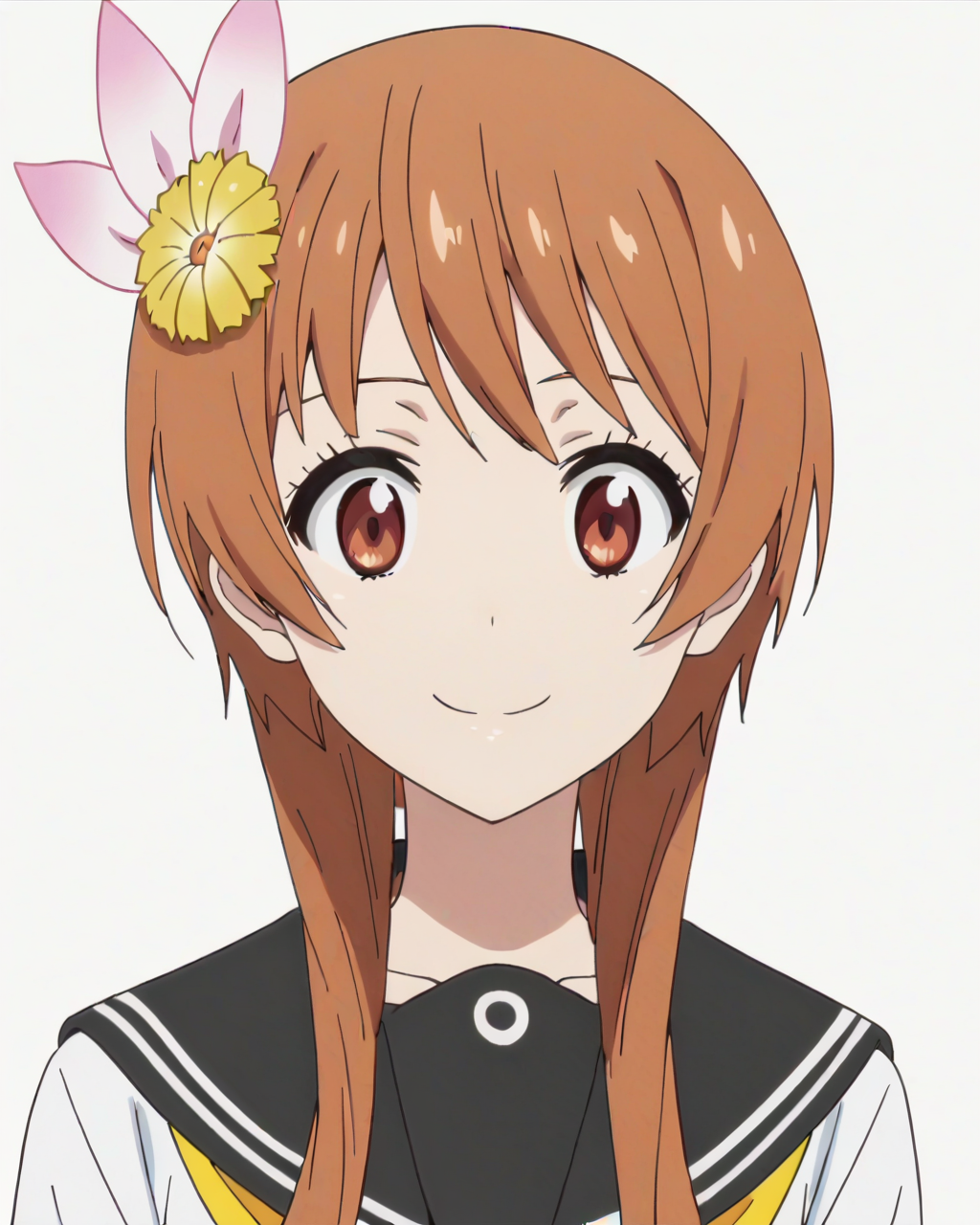 score_9, score_8_up, score_7_up, best quality, masterpiece, anime, anime screencap, anime coloring, looking at viewer, 1girl, solo, upper body, simple background, solid white background, <lora:marika-nisekoi:0.8>, marika tachibana, hair flower, serafuku, school uniform, smile