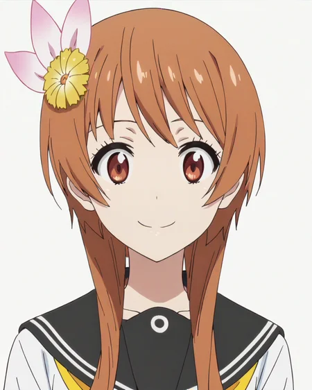 score_9, score_8_up, score_7_up, best quality, masterpiece, anime, anime screencap, anime coloring, looking at viewer, 1girl, solo, upper body, simple background, solid white background, <lora:marika-nisekoi:0.8>, marika tachibana, hair flower, serafuku, school uniform, smile