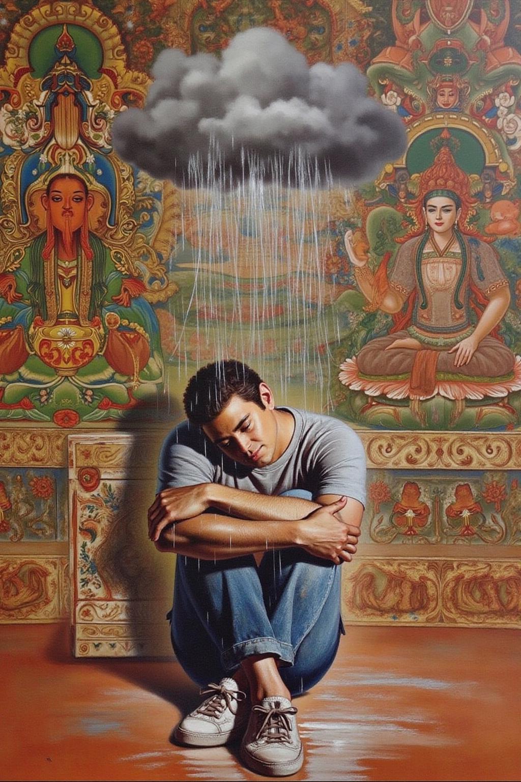 chenu1 illustration. 
A thought-provoking and emotional painting of a young man sitting on the ground, hugging his knees, with a melancholy expression. Above his head is a small, dark rain cloud pouring rain solely on him, symbolizing personal struggle or sadness. He is wearing casual clothing, including a gray t-shirt, jeans, and worn sneakers. The background features an ornate, colorful mural depicting traditional or spiritual motifs, contrasting with the character's isolation and mood. The overall style is hyper-realistic with intricate textures, blending realism with metaphorical elements, and the atmosphere is somber yet deeply introspective <lora:chenu2_poster_cap_d6a3:1.0><lora:822573416713537433:0>