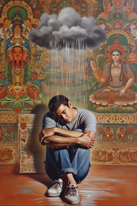 chenu1 illustration.
A thought-provoking and emotional painting of a young man sitting on the ground, hugging his knees, with a melancholy expression. Above his head is a small, dark rain cloud pouring rain solely on him, symbolizing personal struggle or sadness. He is wearing casual clothing, including a gray t-shirt, jeans, and worn sneakers. The background features an ornate, colorful mural depicting traditional or spiritual motifs, contrasting with the character's isolation and mood. The overall style is hyper-realistic with intricate textures, blending realism with metaphorical elements, and the atmosphere is somber yet deeply introspective <lora:chenu2_poster_cap_d6a3:1.0><lora:822573416713537433:0>