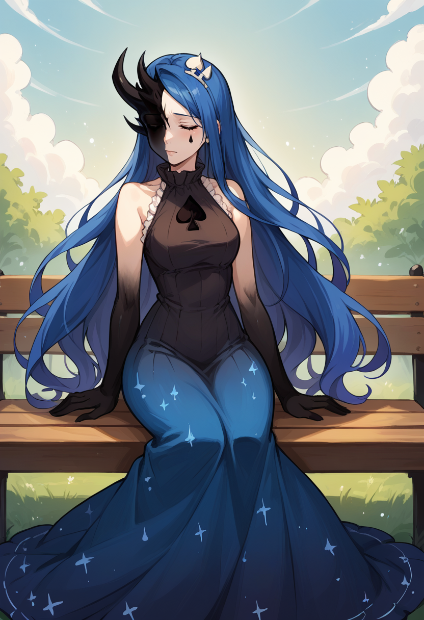 score_9, score_8_up, source_anime, 1girl, solo, KoDLoboCorp, two-tone face, black skin, white skin, asymmetrical horns, closed eyes, teardrop facial mark, long hair, starry hair, tilted crown, long dress, frilled collar, sleeveless dress, starry sky print, gradient dress, ace of spades, elbow gloves, outdoors, on bench, sitting, <lora:ChamKnightOfDespairPonyXL:1>
