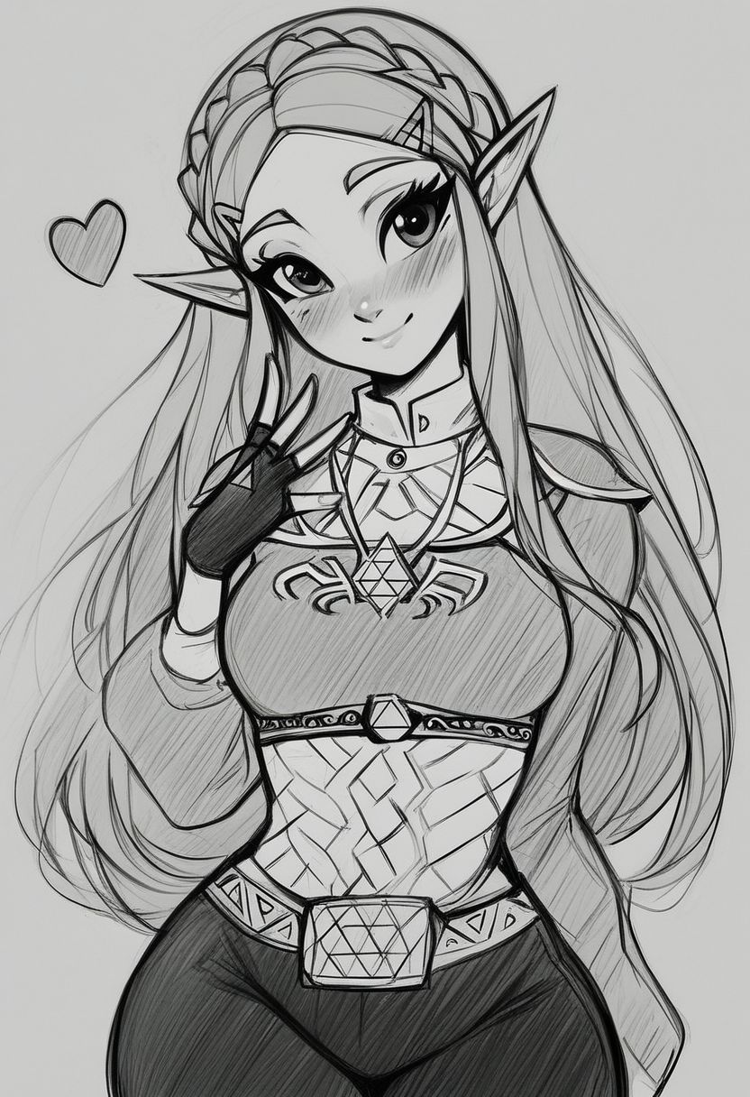 score_9, score_8_up, score_8, medium breasts, (curvy), cute, eyelashes,  sketch, princess zelda, solo, long hair, green eyes, crown braid, hairclip, pointy ears, blue shirt, long sleeves, fingerless gloves, black gloves, black pants, tight pants, smile, curvy, head tilt, hearts, blush,