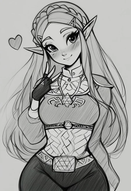 score_9, score_8_up, score_8, medium breasts, (curvy), cute, eyelashes,  sketch, princess zelda, solo, long hair, green eyes, crown braid, hairclip, pointy ears, blue shirt, long sleeves, fingerless gloves, black gloves, black pants, tight pants, smile, curvy, head tilt, hearts, blush,