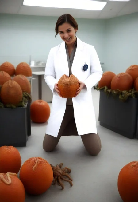 fchgr, blood orange style, xenoegg, view of a group of hatched xenoeggs, xenoeggs made of orange peel, horror theme, green light, space station interior, foggy ground, beautifully lit,
Female Doctor in lab coat with facehugger jumping at her, facehugger, alien facehugger