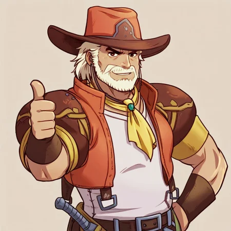 ((Detailed, masterpiece, high quality, best quality)), upper body, solo male, Caravaneer, old male, cowboy hat, western clothing, accessories, facial hair, (thumbs up), simple background, ,