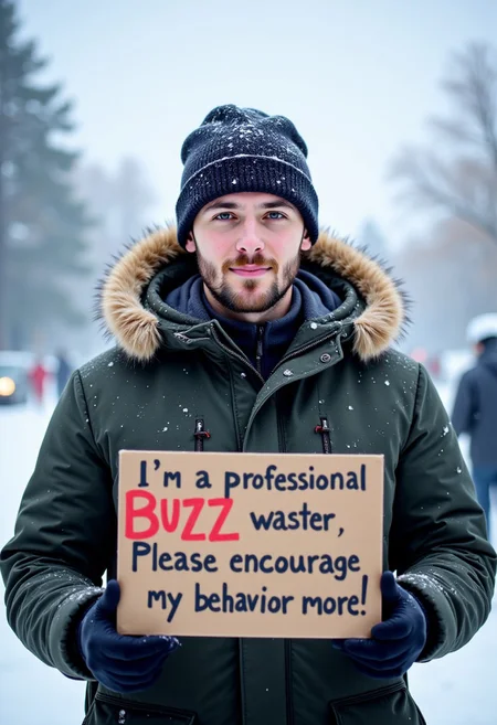 A photographic, high quality, 4k, high resolution, close-up of a handsome young man wearing a winter coat, freezing outside in the snowstorm, holding up a sign that says "I'm a professional BUZZ waster. Please encourage my behavior more!"