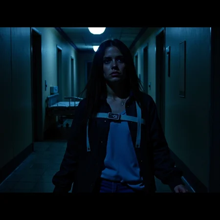 horror-themed concept art Dark Fantasy Art, <lora:Final Girls V2:0.6> final_gs, Inside a derelict asylum, the final girl faces the camera defiantly, a flashlight taped to her shoulder, eyes fierce despite exhaustion. Her jacket is torn, and behind her looms a broken gurney and flickering hallway light. Captured on Hi8 camcorder, blue-tinted night vision grain, jittery shadows, and analog color noise give it the feeling of found footage horror meets psychological survival. Unnerving, raw, and claustrophobic., dark, moody, dark fantasy style . digital artwork, illustrative, painterly, matte painting, highly detailed . eerie, unsettling, dark, spooky, suspenseful, grim, highly detailed