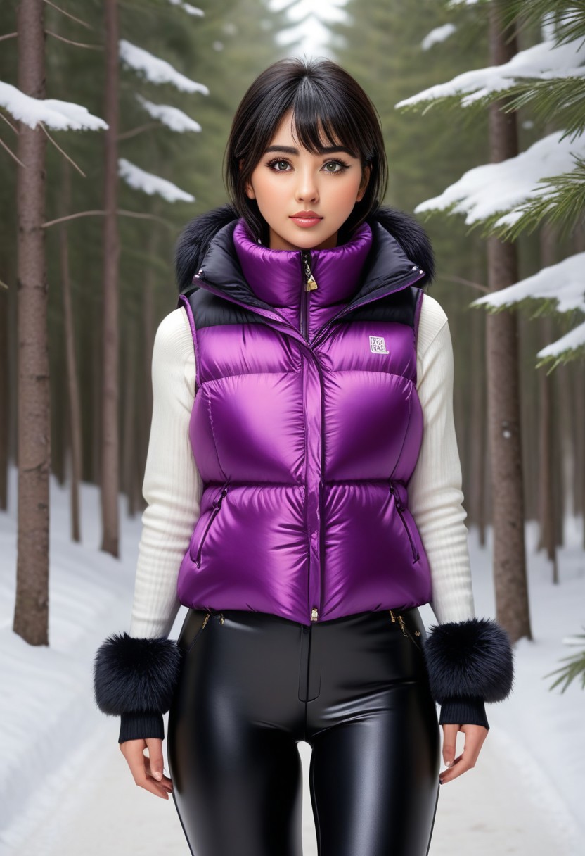 ((((puffer padded vest)))), ((((puffer padded vest)))), ((((full body)))), ((((fur boots)))), ((((puffer pants)))), winter, snow, forest, 1girl, solo, (masterpiece), detailed face, detailed eyes, (beautiful detailed eyes:1.5), sidelighting, (super detail, hyper detail, intricate_details, detailed), (semi realistic:1.6), (Bob cut), blunt bangs,(black hair), (purple eyes, eyelashs), smug smile, angry face, golden armlets, padded collar, Thick padded collar, <lora:Collar-SDXL:0.6>, <lora:cropped_puffer_vest_v2:0.4>, <lora:snowpants_v1:0.4>