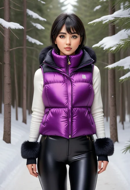 ((((puffer padded vest)))), ((((puffer padded vest)))), ((((full body)))), ((((fur boots)))), ((((puffer pants)))), winter, snow, forest, 1girl, solo, (masterpiece), detailed face, detailed eyes, (beautiful detailed eyes:1.5), sidelighting, (super detail, hyper detail, intricate_details, detailed), (semi realistic:1.6), (Bob cut), blunt bangs,(black hair), (purple eyes, eyelashs), smug smile, angry face, golden armlets, padded collar, Thick padded collar, <lora:Collar-SDXL:0.6>, <lora:cropped_puffer_vest_v2:0.4>, <lora:snowpants_v1:0.4>