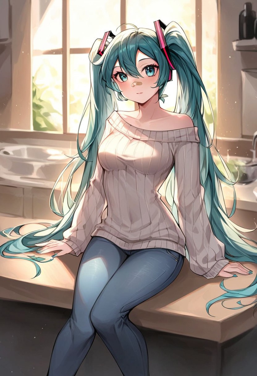 score_9, score_8_up, score_7_up, source_furry, solo, beautiful Hatsune Miku, (medium breasts, medium hips), oversized sweater, jeans, bandaid over nose, sitting on a table, in a kitchen, (detailed image, high resolution, 5k resolution:1.0), VikingStyle, easynegative, negative_hand