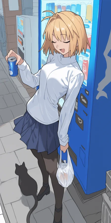 Arcueid Brunestud \(tsukihime_\(remake\) \),1girl,solo,smile,open mouth,short hair,holding,standing,full body,closed eyes,outdoors,cat,can,trash can,plastic bag,vending machine,,masterpiece,best quality,newest,absurdres,highres,very awa <lora:Himuro_Yukichiko_Style-000012:1.0000000000000002> <lora:None:1.0>
